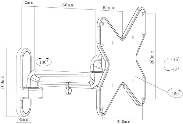 Swing Arm TV Wall Bracket 23" 24" 28" 32" 37" 40" 42" 43" Tilt 15° VESA Max 200x200 Silver