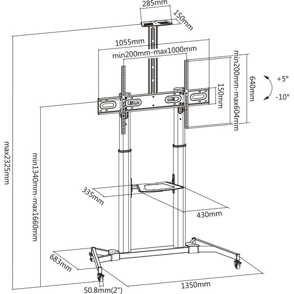 TV Trolley Stand on Wheels 60" 63" 70" 75" 80" 100" Max Load 100kg VESA Max 1000x600mm